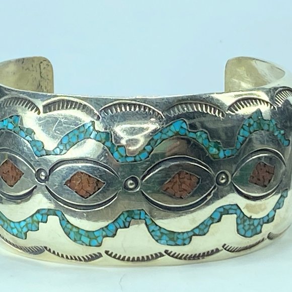 Wide, solid, vintage Navajo turquoise and coral chip inlay design cuff bracelet